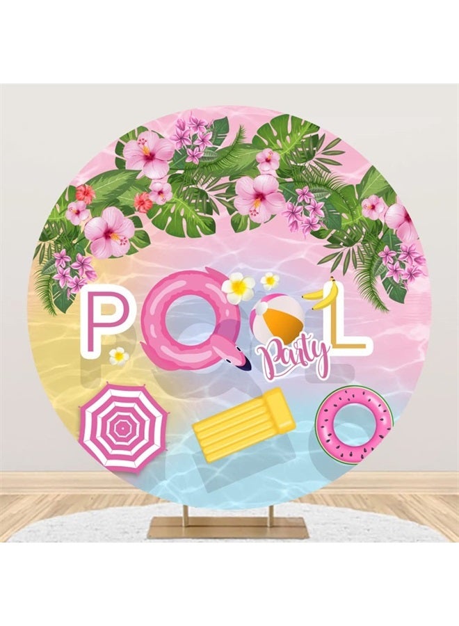 6.5x6.5ft Pool Party Round Backdrop Cover Pink Flamingo Swimming Ring Tropical Floral Leaves Swimming Pool Party Photo Backdrop Adults Kids Summer Hawaiian Pool Birthday Party Decorations