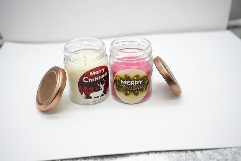The Essenza Merry Christmas Candle in Glass Jar Festive Decor Gift with Assorted Christmas Stickers Set of 2 - Image 1