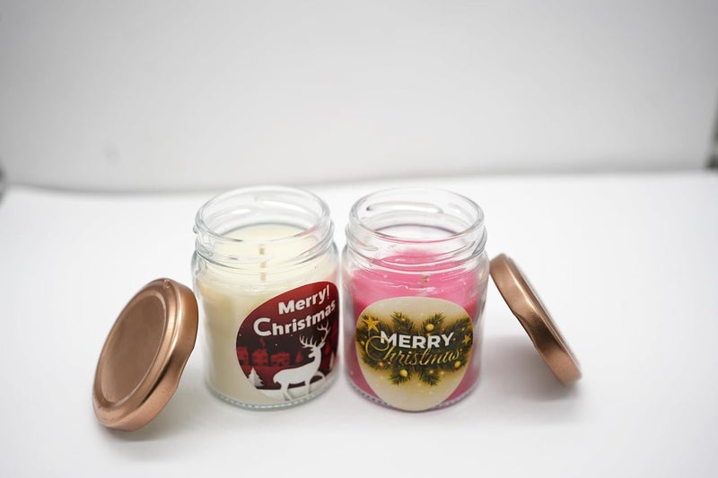 The Essenza Merry Christmas Candle in Glass Jar Festive Decor Gift with Assorted Christmas Stickers Set of 2 - Image 2