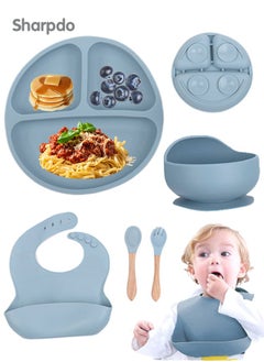 Sharpdo Silicone Baby Tableware Set, 5 Piece Baby Feeding Set with Suction Bowl and Divided Plate, Wooden Spoon and Fork, Toddler  Led Weaning Supplies with Adjustable Soft Silicone Bib  - Image 1