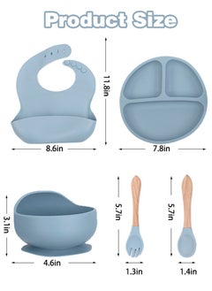Sharpdo Silicone Baby Tableware Set, 5 Piece Baby Feeding Set with Suction Bowl and Divided Plate, Wooden Spoon and Fork, Toddler  Led Weaning Supplies with Adjustable Soft Silicone Bib  - Image 2