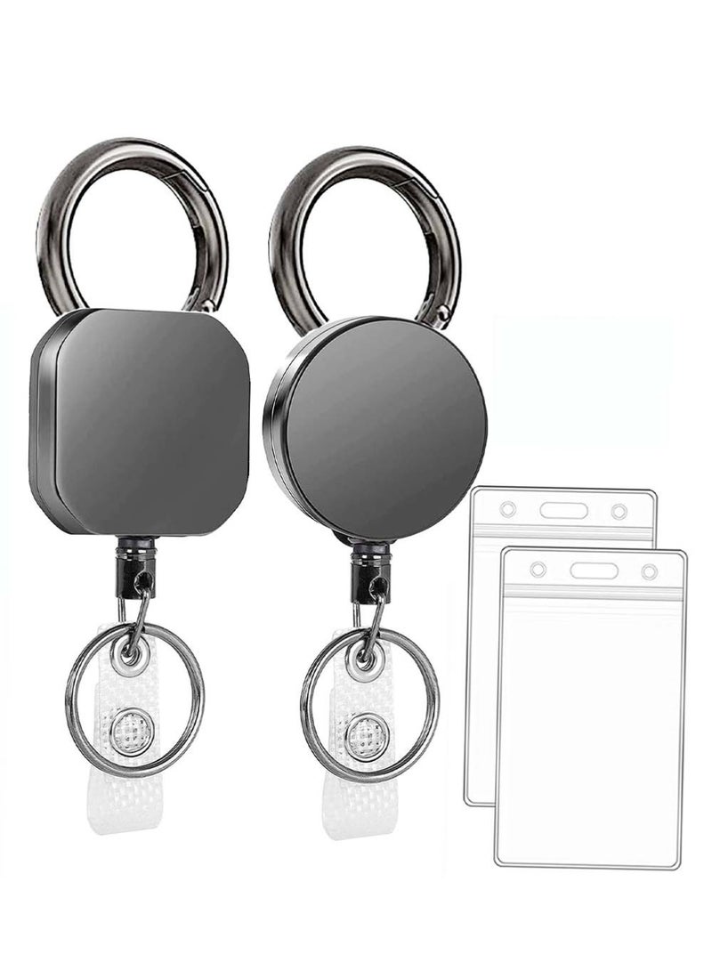 Dougez 2 Pack Heavy Duty Metal Retractable Badge Holder Reel with Belt Clip Key Ring and Waterproof Vertical Clear ID Card Holder + 2 Extra Carabiner Key Chain Rings  - Image 1