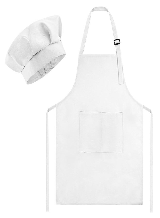 Morcheiong Kids Chef Hat and Apron Set, Adjustable White Children's Painting Apron and Chef Hat with 2 Large Pocket for Kids Cooking Painting Baking Activity - Image 1