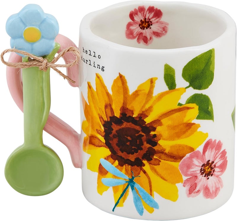 Mud Pie Yellow Floral Mug With Spoon mug 12 oz  spoon 4 14