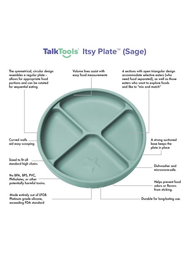 TalkTools TalkTools ITSY Silicone Suction Plates - Silicon Plate For Toddlers - Baby First Food, Divided Design, Self-Feeding Suction Plate (Sage)  - Image 2