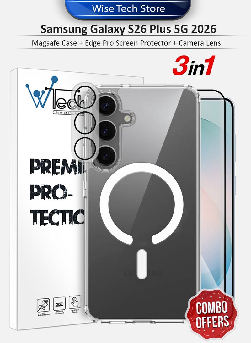 Wtech Samsung Galaxy S26 Plus / S26+ 5G 2026 3 in 1 Protection Pack Ultra Clear Shockproof Magsafe Case, Edge Pro Glass Screen Protector and Camera Lens Protector 360 Protection, Easy Installation - Clear/Black - Image 1
