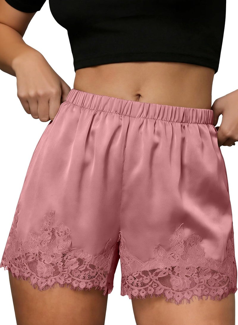 EVALESS Women Lace Satin Silk Shorts Casual Elastic Waist Pajama Bottoms Cute Y2K Micro Shorts 2026 Summer Fashion Pink Large - Image 1