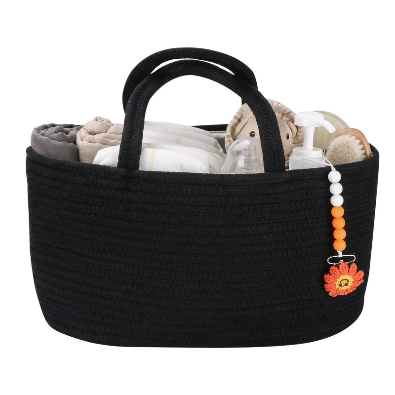 XUANGUO Baby Diaper Caddy Organizer for Girl Boy Cotton Rope Nursery Storage Bin Basket Portable Holder Tote Bag for Changing Table Car Travel Baby Shower Gifts Newborn Essentials Registry Must Haves Black 