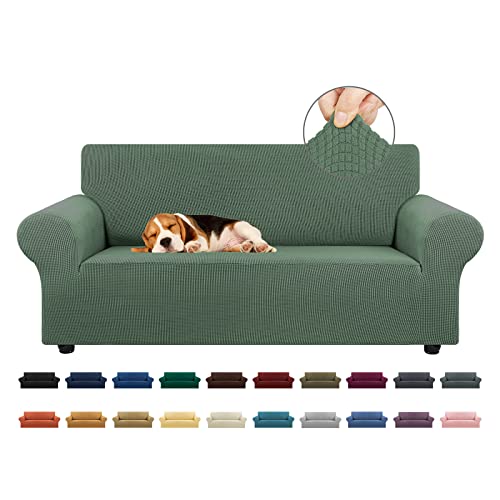 KEKUOU Stretch Loveseat Sofa Cover Slipcover,Couch Covers for 2 Cushion Couch Sofa (55"-78") Furniture Protector Sofa with Elastic Bottom for Kid,Dog. Jacquard Small Checked (Medium,Greyish Green) - Image 1
