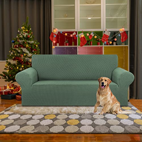 KEKUOU Stretch Loveseat Sofa Cover Slipcover,Couch Covers for 2 Cushion Couch Sofa (55"-78") Furniture Protector Sofa with Elastic Bottom for Kid,Dog. Jacquard Small Checked (Medium,Greyish Green) - Image 2