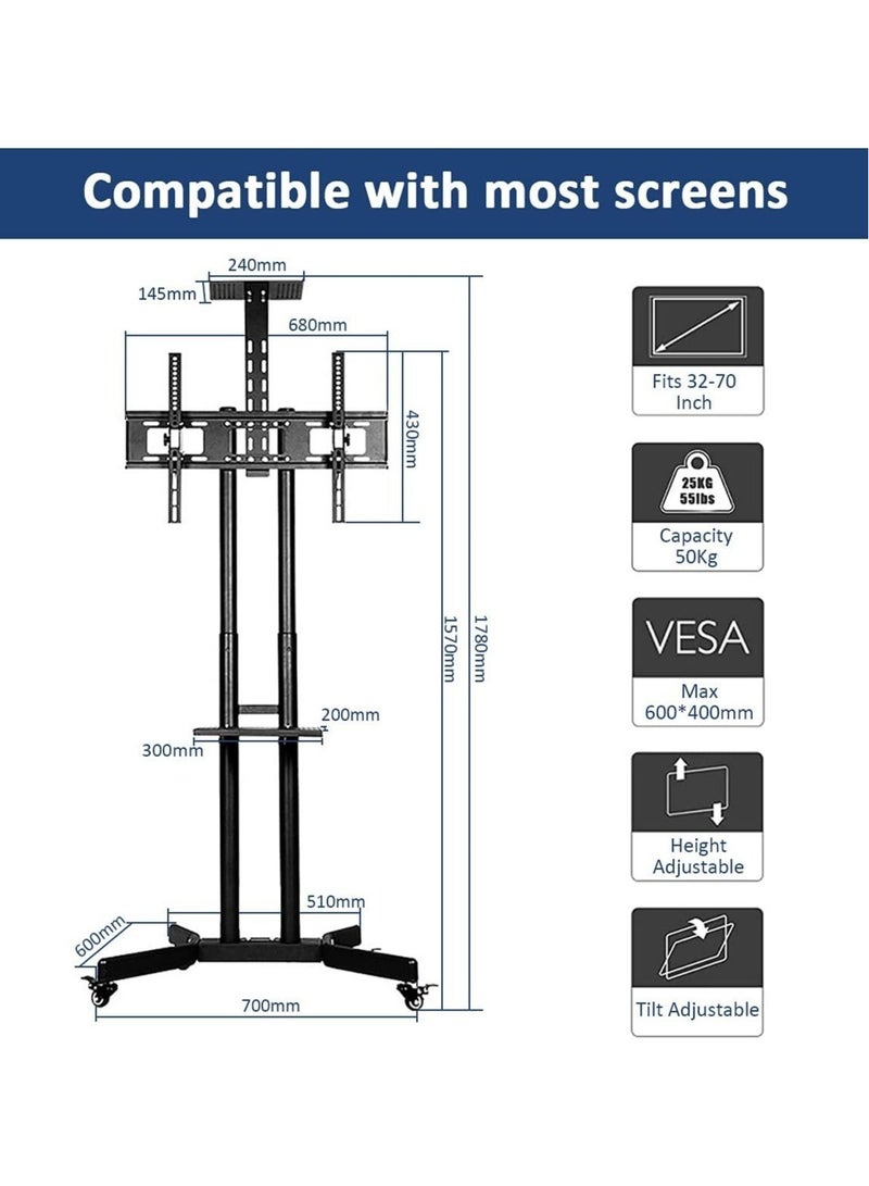 Mobile TV Stand with Rolling Wheels, Adjustable Floor Trolley for 32" to 70" TVs – Tilt, Height Adjust, Media Shelves, and Cable Management - Image 5
