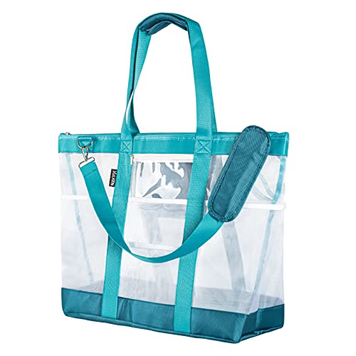Vulken 42L Extra Large Mesh Beach Bag. 9 Pockets Top Zip Tote Bag, Turquoise - Image 1