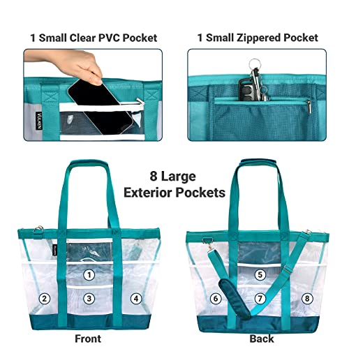 Vulken 42L Extra Large Mesh Beach Bag. 9 Pockets Top Zip Tote Bag, Turquoise - Image 3