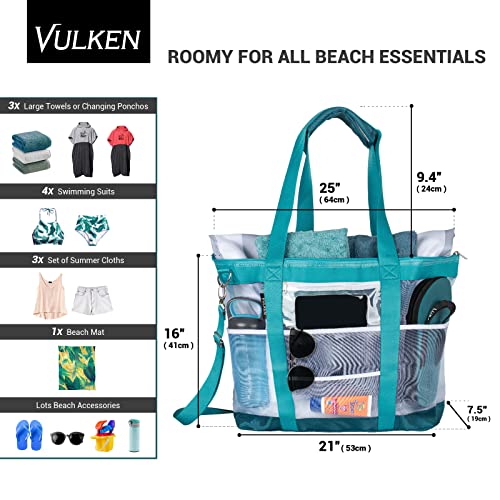 Vulken 42L Extra Large Mesh Beach Bag. 9 Pockets Top Zip Tote Bag, Turquoise - Image 2