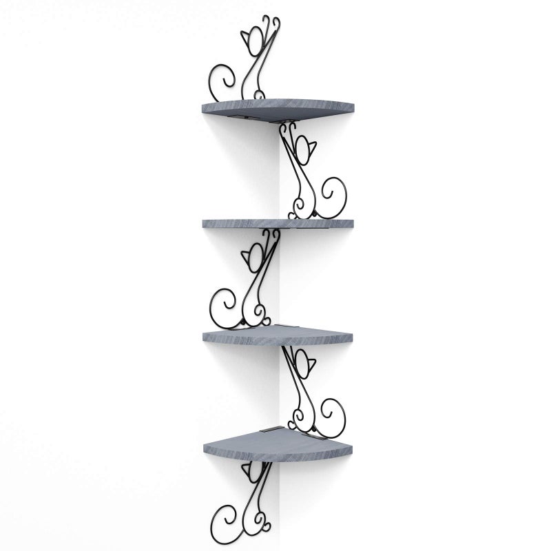 Alsonerbay Corner Shelf Wall Mount of 4 Tier Corner Shelves Rustic Wood Floating Shelf Cat Shape Metal Corner Stand for Bedroom Living Room Bathroom Kitchen Office and More Grey