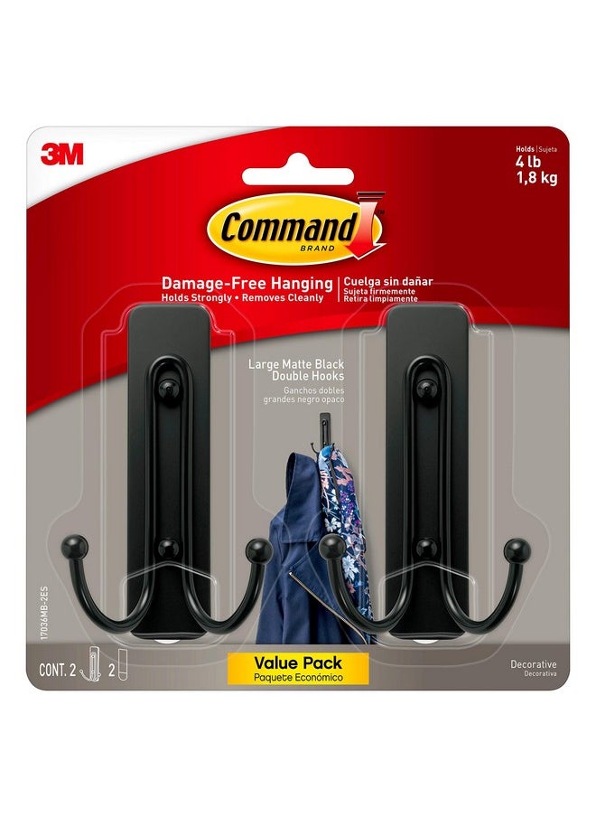 Command Command Large Matte Black Double Hooks, 2 Hooks and 2 Command Strips, Damage Free Hanging Wall Hooks with Adhesive Strips, Coat Hooks for Hanging Christmas Decorations, Holds up to 4 lb  - Image 1