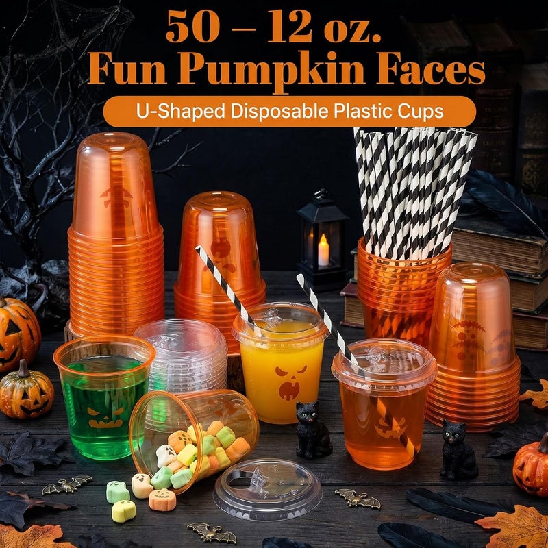 LemonRoad 50 Sets Halloween Clear Plastic Cups with Lids & Straws 12 oz Halloween Party Tumblers for Iced Coffee, Smoothies, Juice & More Cute Disposable Pet Mugs for Birthdays & Gatherings - Image 3