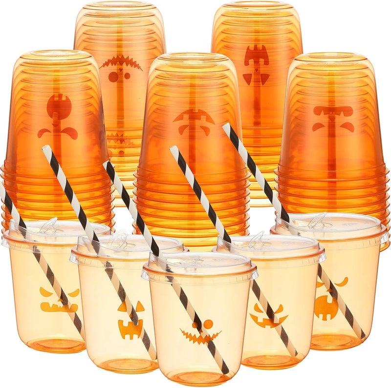 LemonRoad 50 Sets Halloween Clear Plastic Cups with Lids & Straws 12 oz Halloween Party Tumblers for Iced Coffee, Smoothies, Juice & More Cute Disposable Pet Mugs for Birthdays & Gatherings - Image 1