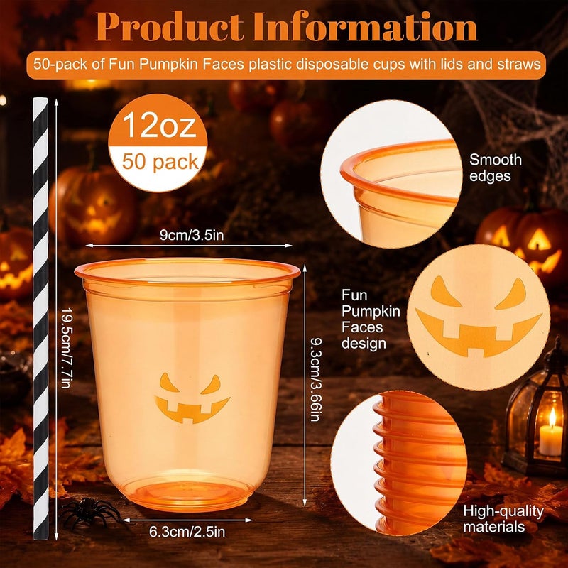 LemonRoad 50 Sets Halloween Clear Plastic Cups with Lids & Straws 12 oz Halloween Party Tumblers for Iced Coffee, Smoothies, Juice & More Cute Disposable Pet Mugs for Birthdays & Gatherings - Image 2