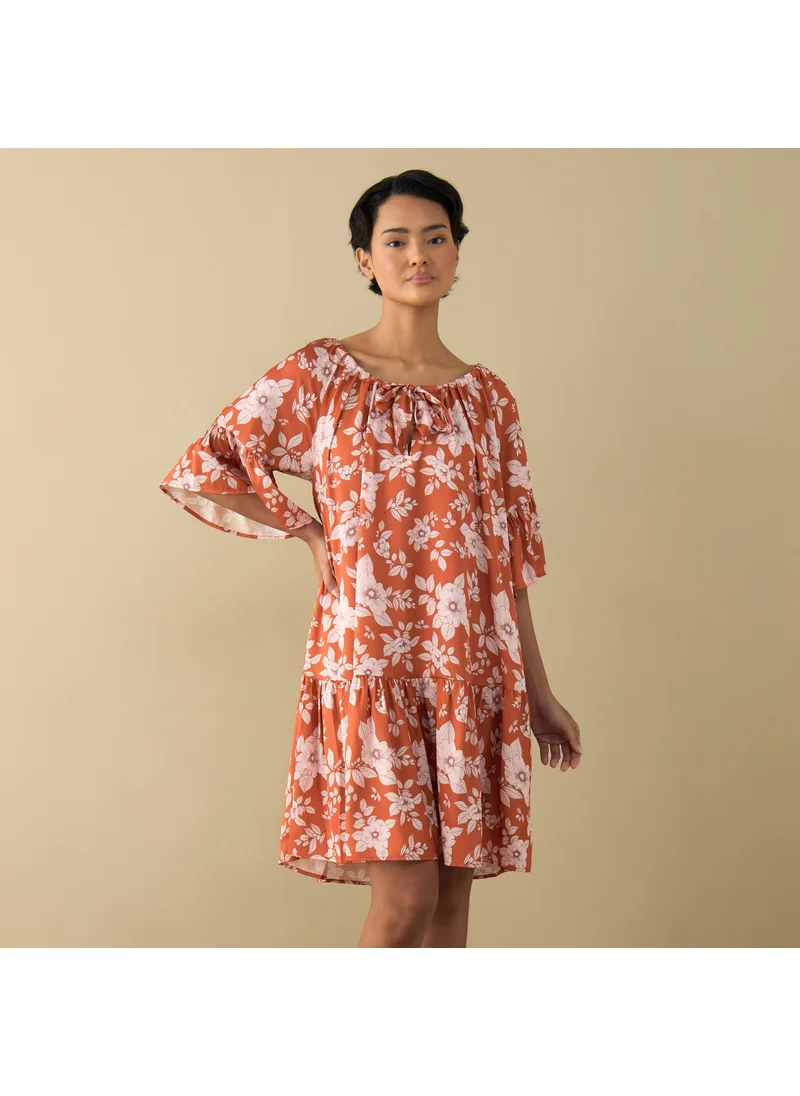 FAV All-Over Floral Print Satin Night Dress with Extended Sleeves