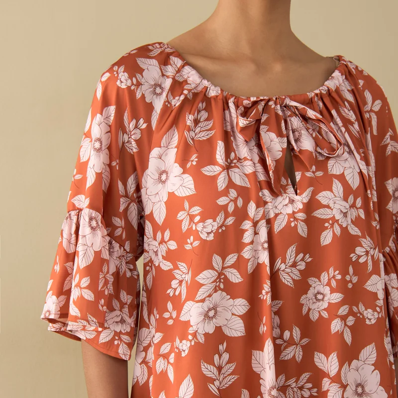 Splash FAV All-Over Floral Print Satin Night Dress with Extended Sleeves