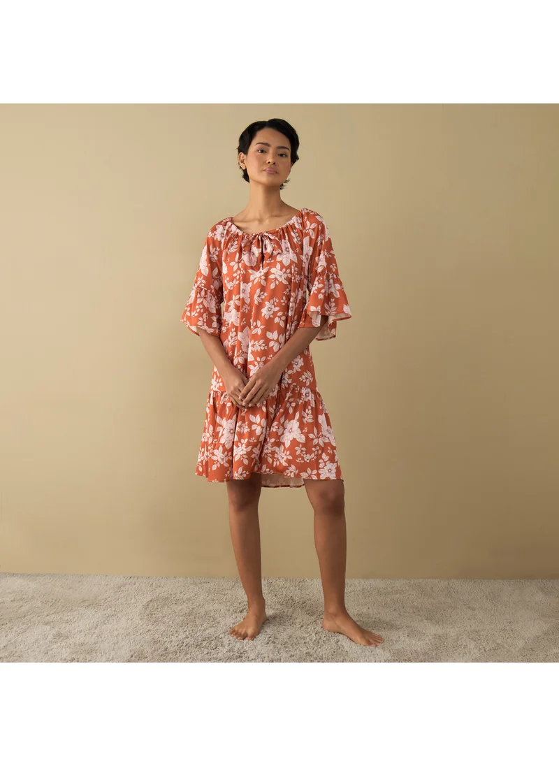FAV All-Over Floral Print Satin Night Dress with Extended Sleeves