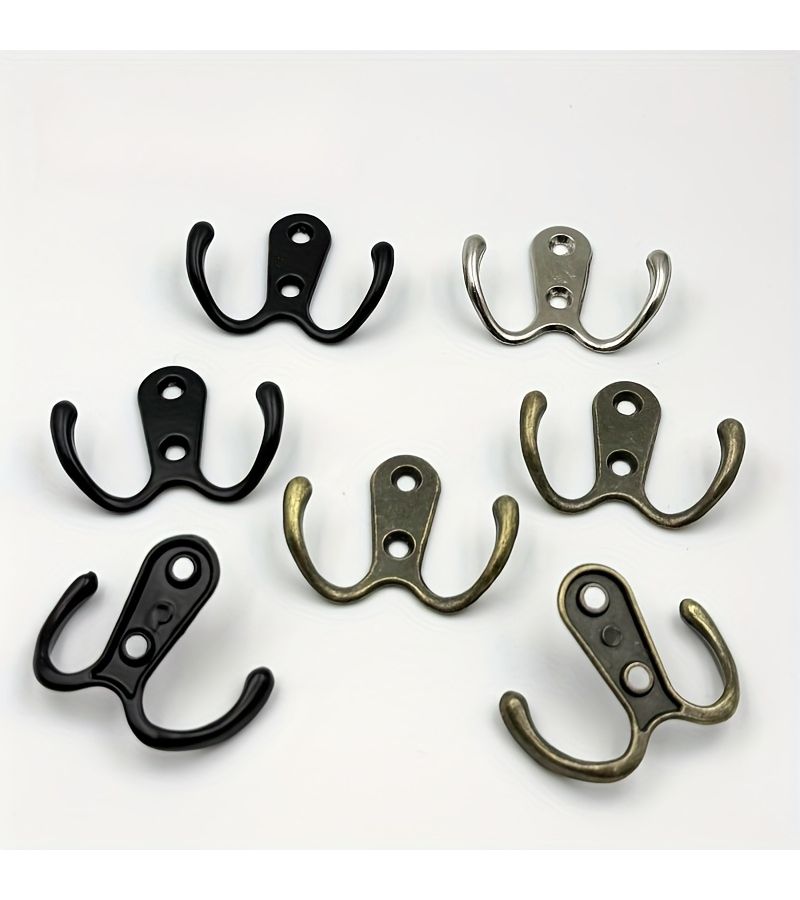 5 Black Zinc Alloy Double Hook Wall Mounted Coat Hanger With 10 Screws Heavy Duty For Hanging Robes Towels Keys Jackets Clothes Hats Utility Hooks - Image 2