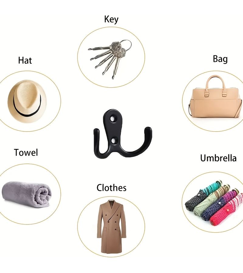 5 Black Zinc Alloy Double Hook Wall Mounted Coat Hanger With 10 Screws Heavy Duty For Hanging Robes Towels Keys Jackets Clothes Hats Utility Hooks - Image 3