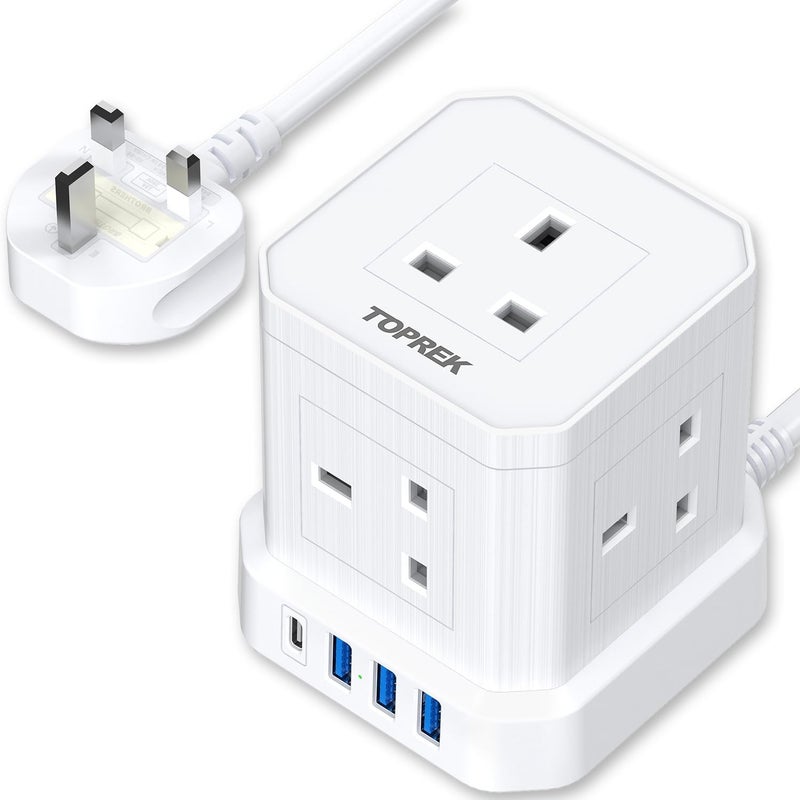 Cube Extension Lead with USB Slots, 5 Way Power Strip with 5 AC Outlet 4 USB (USB-C 20W PD3.0 Fast Charger) 1 Switch, 2M Extension Cord, 3250W/13A, UK Power Strip for Desk Home Office Travel - Image 1
