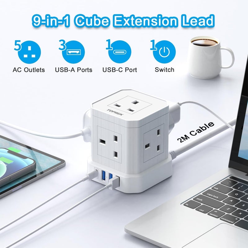Cube Extension Lead with USB Slots, 5 Way Power Strip with 5 AC Outlet 4 USB (USB-C 20W PD3.0 Fast Charger) 1 Switch, 2M Extension Cord, 3250W/13A, UK Power Strip for Desk Home Office Travel - Image 2