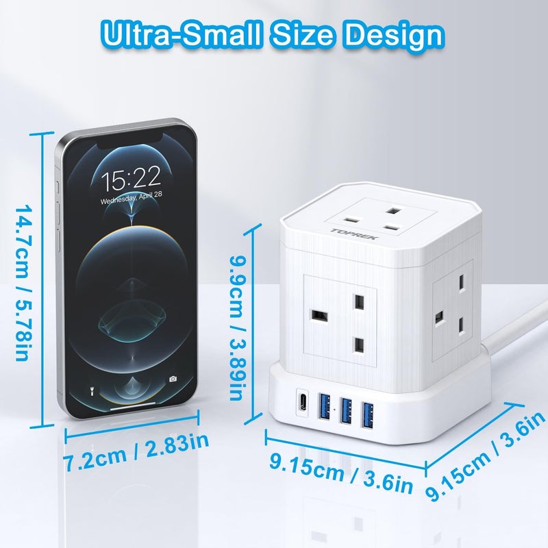 Cube Extension Lead with USB Slots, 5 Way Power Strip with 5 AC Outlet 4 USB (USB-C 20W PD3.0 Fast Charger) 1 Switch, 2M Extension Cord, 3250W/13A, UK Power Strip for Desk Home Office Travel - Image 3