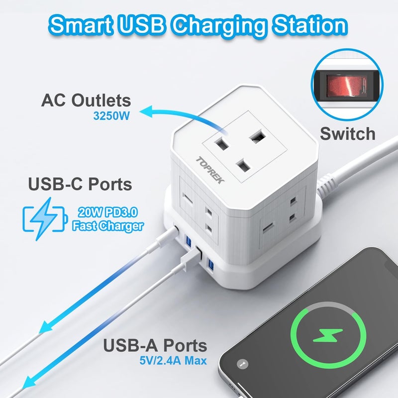 Cube Extension Lead with USB Slots, 5 Way Power Strip with 5 AC Outlet 4 USB (USB-C 20W PD3.0 Fast Charger) 1 Switch, 2M Extension Cord, 3250W/13A, UK Power Strip for Desk Home Office Travel - Image 5