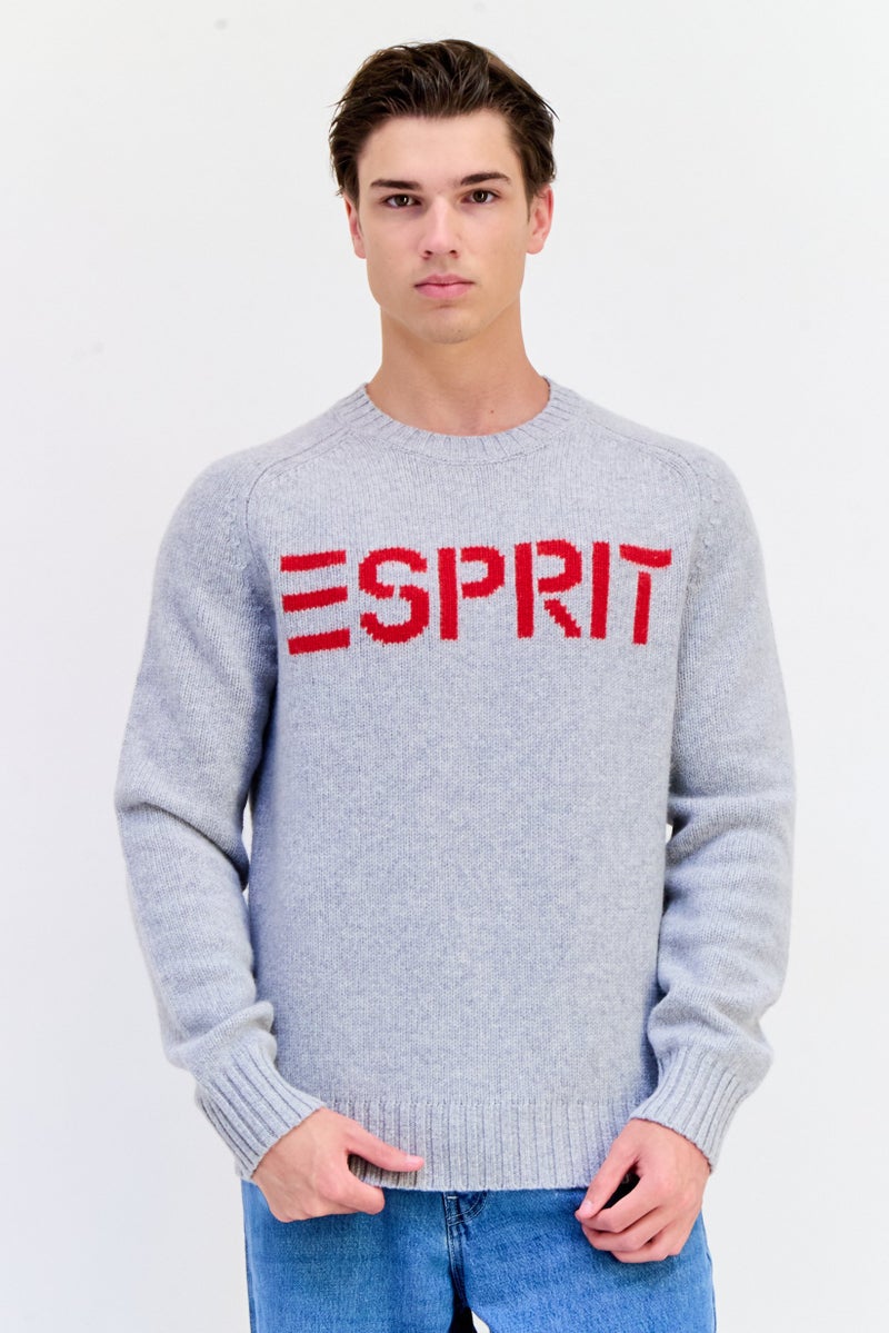 ESPRIT Men Ribbed Collar Brand Logo Sweater, Grey - Image 1
