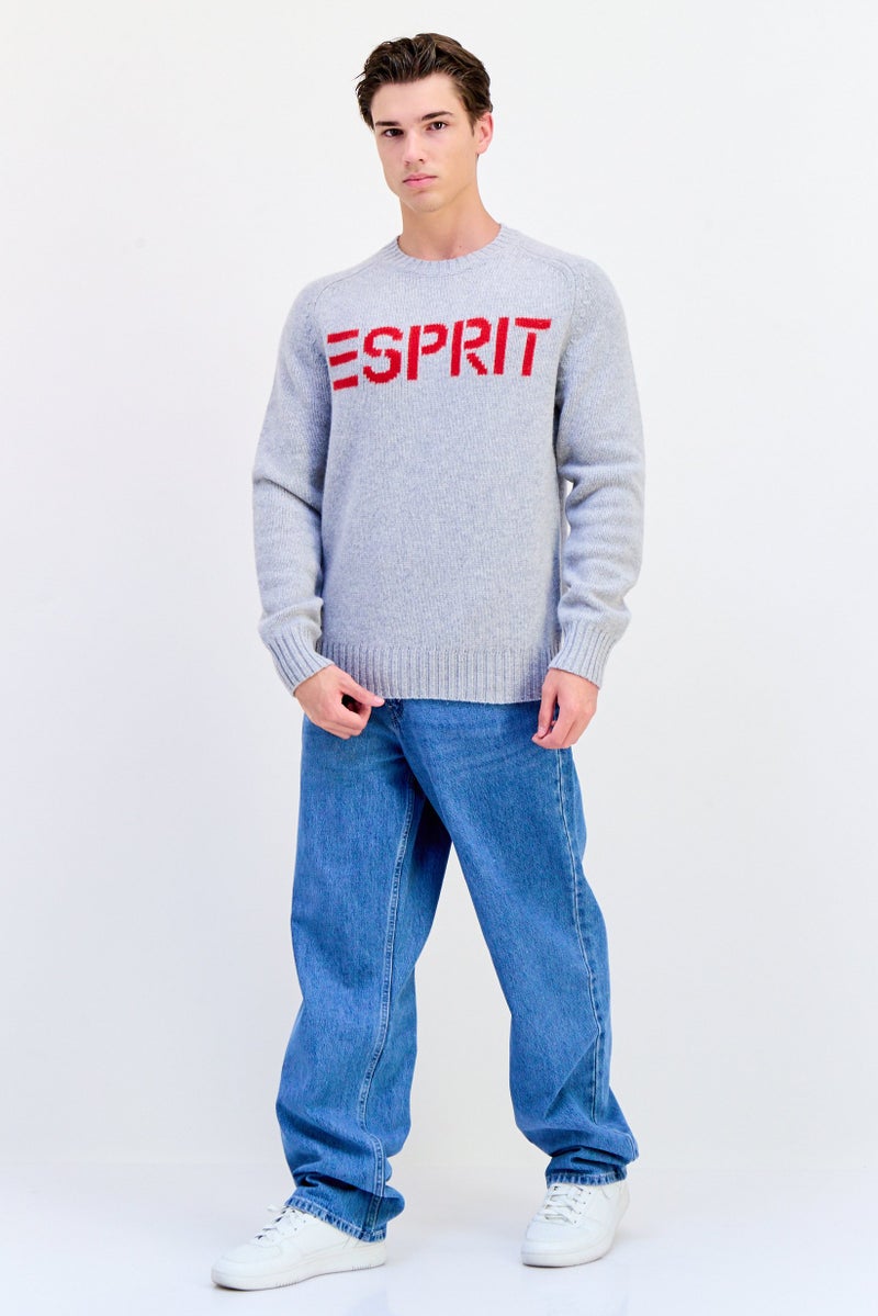 ESPRIT Men Ribbed Collar Brand Logo Sweater, Grey - Image 2