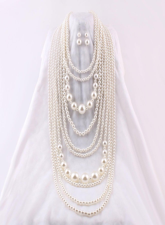 Grace Jun قلادة تشوكر طويلة من سلسلة متعددة الطبقات من جريس جون مع لؤلؤ مزيف وخرز متجمع (قلادة فضية مطلية + أقراط) - Image 2