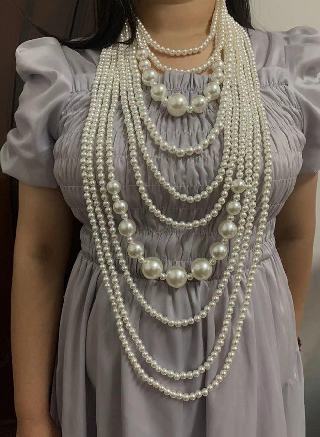 Grace Jun قلادة تشوكر طويلة من سلسلة متعددة الطبقات من جريس جون مع لؤلؤ مزيف وخرز متجمع (قلادة فضية مطلية + أقراط) - Image 5