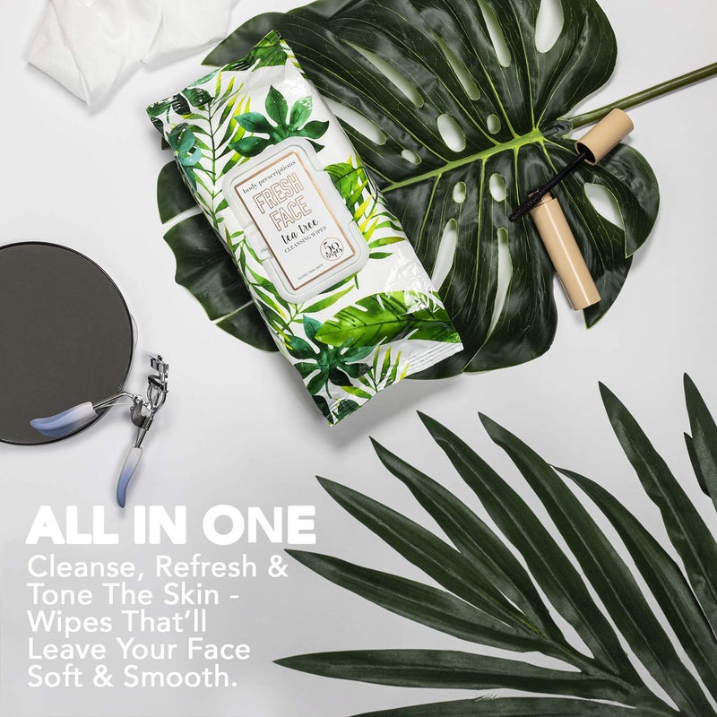 Body Prescriptions Tea Tree Facial Wipes, Moisturizing, Deep Cleansing Face Towelettes, Refreshing + Nourishing, Gentle Cleansing Cloths, 50 Count (Pack of 1), Tea-Tree - Image 3