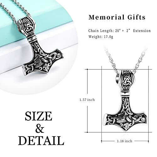 shajwo Cremation Jewelry Viking Hammer Urn Necklace for Ashes for Men Women Celtic Nordic Mjolnir Thors Cremation Jewelry Keepsake Memorial Ashes Pendant,Silver - Image 2