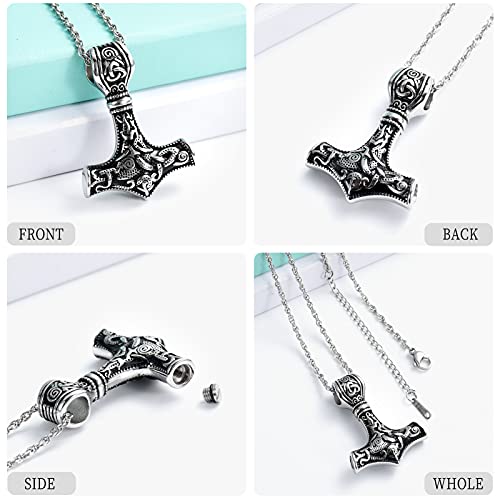 shajwo Cremation Jewelry Viking Hammer Urn Necklace for Ashes for Men Women Celtic Nordic Mjolnir Thors Cremation Jewelry Keepsake Memorial Ashes Pendant,Silver - Image 5
