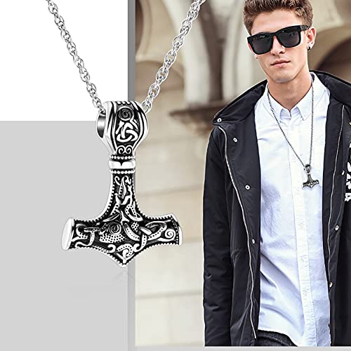 shajwo Cremation Jewelry Viking Hammer Urn Necklace for Ashes for Men Women Celtic Nordic Mjolnir Thors Cremation Jewelry Keepsake Memorial Ashes Pendant,Silver - Image 3