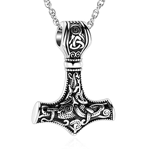 shajwo Cremation Jewelry Viking Hammer Urn Necklace for Ashes for Men Women Celtic Nordic Mjolnir Thors Cremation Jewelry Keepsake Memorial Ashes Pendant,Silver - Image 1