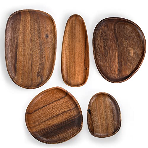 Okllen Set of 5 Acacia Wood Serving Platter and Trays, Irregular Oval Solid Wood Plates Serving Tray, Lightweight Wood Dinner Plates for Breakfast, Coffee, Tea, Snack, Plant, Housewarming Gift - Image 4