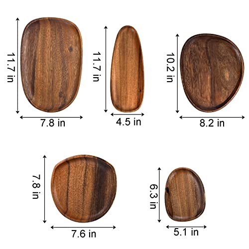 Okllen Set of 5 Acacia Wood Serving Platter and Trays, Irregular Oval Solid Wood Plates Serving Tray, Lightweight Wood Dinner Plates for Breakfast, Coffee, Tea, Snack, Plant, Housewarming Gift - Image 2