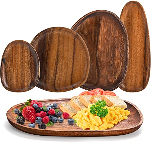 Okllen Set of 5 Acacia Wood Serving Platter and Trays, Irregular Oval Solid Wood Plates Serving Tray, Lightweight Wood Dinner Plates for Breakfast, Coffee, Tea, Snack, Plant, Housewarming Gift - Image 1