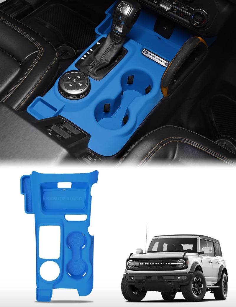 JROAD 3-in-1 Silicone Center Console Liner Tray for 2021-2026 Ford Bronco Automatic Transmission | Non-Slip Cup Holder Mat & Center Console Protector Liner Pad& Side Storage Pocket(Blue) - Image 1