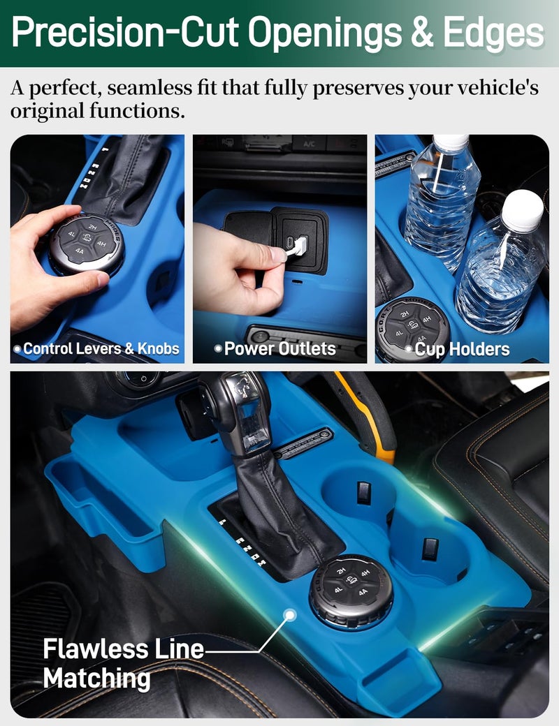 JROAD 3-in-1 Silicone Center Console Liner Tray for 2021-2026 Ford Bronco Automatic Transmission | Non-Slip Cup Holder Mat & Center Console Protector Liner Pad& Side Storage Pocket(Blue) - Image 4