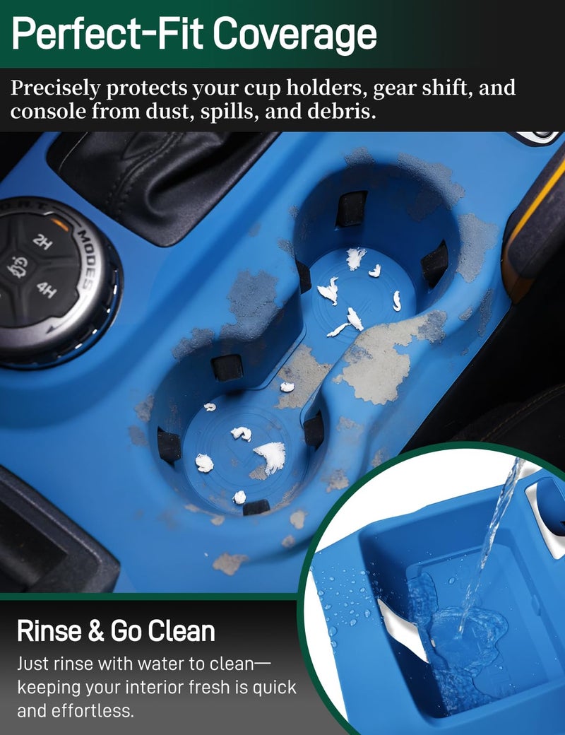 JROAD 3-in-1 Silicone Center Console Liner Tray for 2021-2026 Ford Bronco Automatic Transmission | Non-Slip Cup Holder Mat & Center Console Protector Liner Pad& Side Storage Pocket(Blue) - Image 3