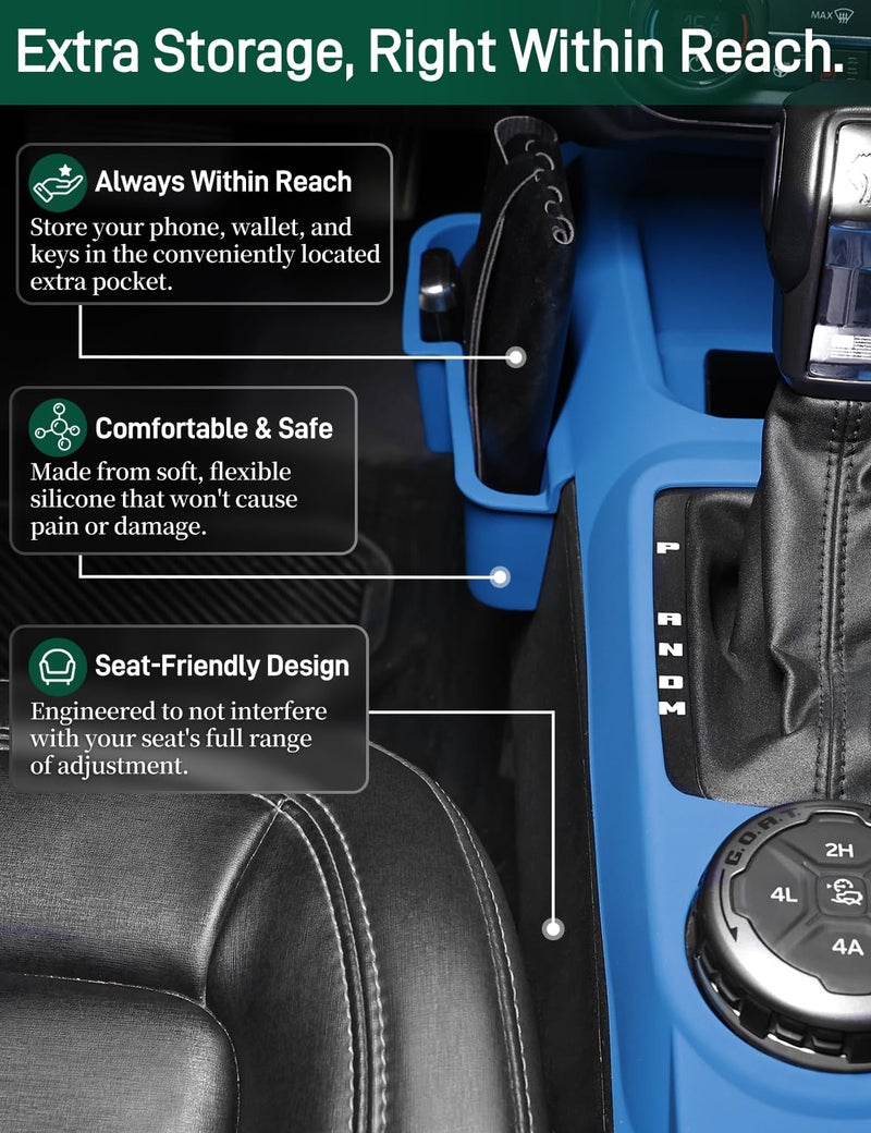 JROAD 3-in-1 Silicone Center Console Liner Tray for 2021-2026 Ford Bronco Automatic Transmission | Non-Slip Cup Holder Mat & Center Console Protector Liner Pad& Side Storage Pocket(Blue) - Image 5