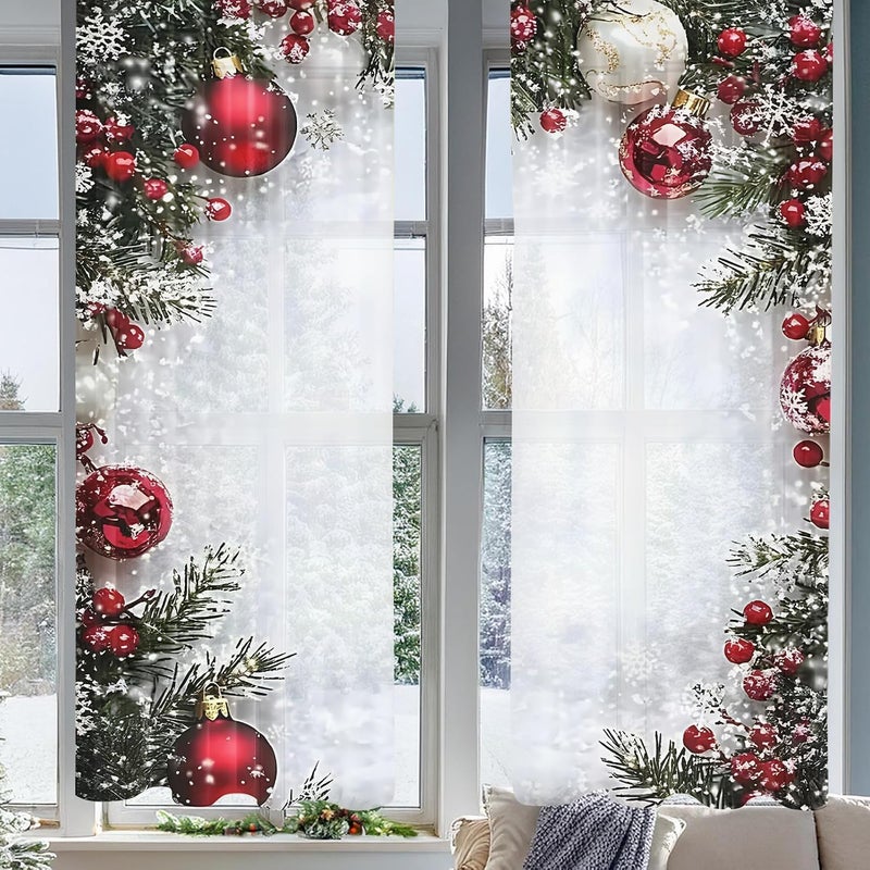 ستائر عيد الميلاد الاحتفالية - أغطية نوافذ بطباعة كرات، تصميم عيد ميلاد ثنائي الأبعاد بأنماط الصنوبر ورقائق الثلج، زينة موسمية أنيقة، تنتمي إلى فئة الديكور الداخلي الرئيسية - Image 3