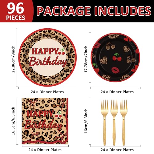 Cogniplay 96Pcs Cheetah Print Party Supplies Set Leopard Birthday Plates and Napkins Red Black Cherry Theme Disposable Tableware for Girls Women Birthday Wedding Coquette Party Decorations - Image 2
